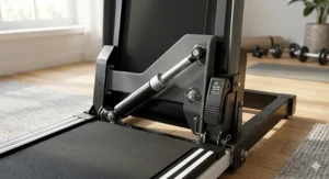 Close-up illustration of a hydraulic folding system on a home treadmill for easy lifting.