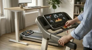 Illustration of the emergency stop safety key and sturdy handrails on a home folding treadmill.