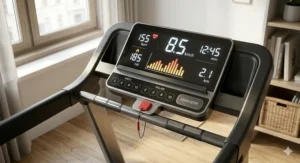 Digital monitor of a folding treadmill for home showing heart rate, calories, and running speed.