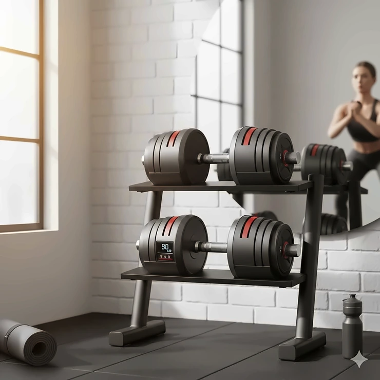 A pair of heavy adjustable dumbbells on a storage rack in a modern home gym environment. heavy adjustable dumbbells for home gym