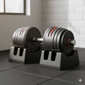 Illustration of the high-impact base cradle used to align plates for adjustable dumbbells.
