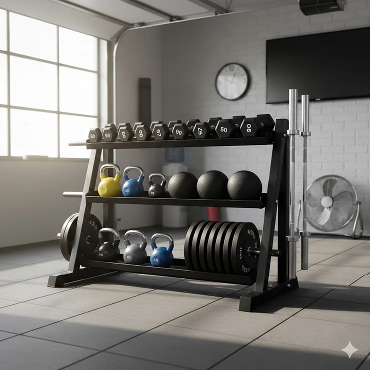 A multi-tier heavy-duty home gym storage rack organizing dumbbells, kettlebells, and medicine balls in a bright modern garage gym.