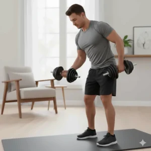 Person performing bicep curls using a cheap dumbbell set for home gym fitness routine.