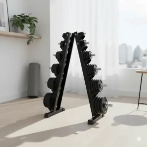 Vertical A-frame rack holding a cheap dumbbell set for home gym space-saving.