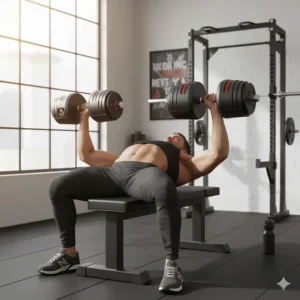 Illustration of a user performing a chest press using heavy adjustable dumbbells in a garage gym.
