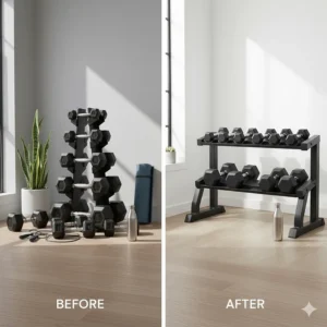 Comparison of cluttered gym floor versus an organized small weight rack for home gym efficiency.