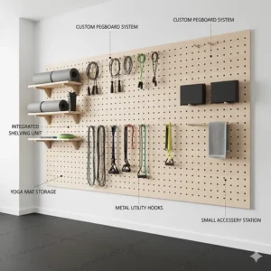 Detailed illustration of a custom DIY pegboard system organizing gym accessories and yoga blocks.