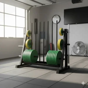 Vertical bumper plate storage rack with Olympic barbell holders for space-saving home gym organization.