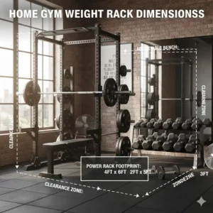 Diagram showing the floor space dimensions required for a standard weight rack for home gym use.