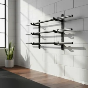 Horizontal wall-mounted barbell holder storing Olympic bars to save floor space.