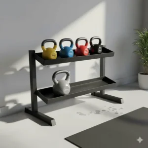 Two-tier steel kettlebell storage shelf positioned against a garage gym wall.