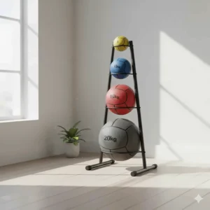 Vertical medicine ball tree rack holding weighted slam balls in a home workout corner.