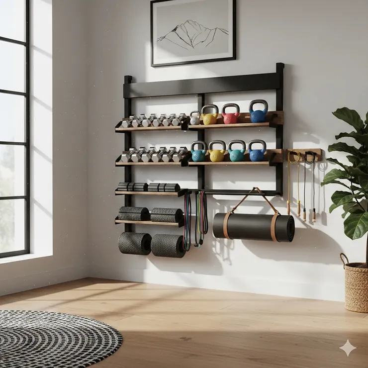 A wall-mounted home gym storage system organizing dumbbells, kettlebells, and foam rollers in a bright spare room.