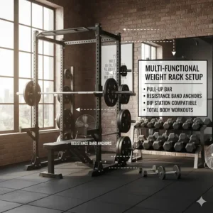 Illustration of a multi-purpose weight rack for home gym featuring pull-up bars and resistance band anchors.