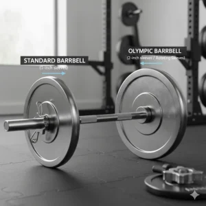 Illustration comparing a standard barbell and an Olympic barbell for a home weight lifting set.