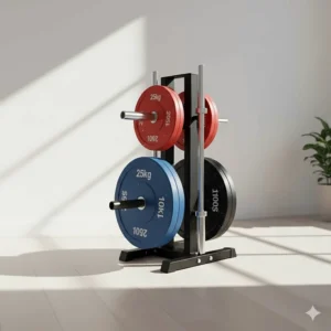 Weight plate tree with built-in barbell holders for organized Olympic bumper plate storage.