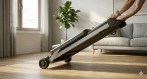Illustration highlighting built-in transport wheels on a folding treadmill for easy movement.