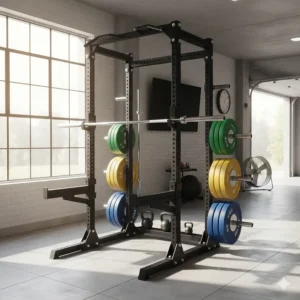 All-in-one power rack featuring integrated weight pegs and barbell storage for a comprehensive home gym setup.