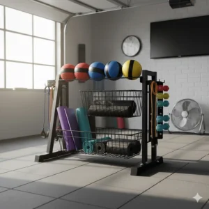 Portable rolling home gym storage rack with locking wheels for organizing mobile fitness equipment.