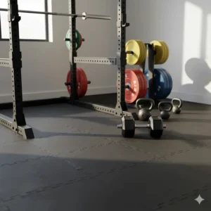 Protective rubber gym flooring layout underneath a heavy home gym weight set.