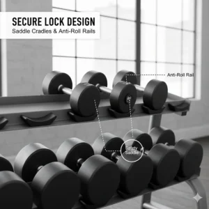 Close-up illustration of the safety rails and saddle design that prevents dumbbells from rolling off the storage rack.