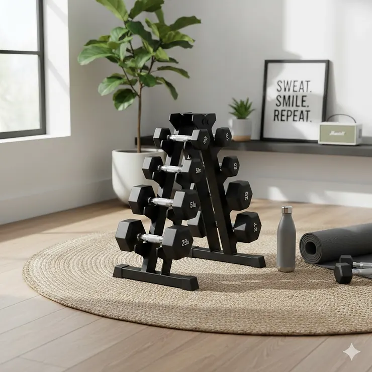 A compact black A-frame weight rack holding a set of rubber hex dumbbells in a modern home gym corner.