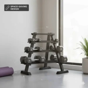 Illustration showing the compact footprint of a vertical A-frame dumbbell storage rack for small space gym organization.