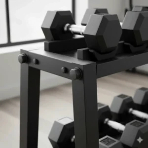Close-up illustration of reinforced steel joints on a small weight rack for home gym safety.