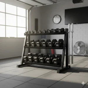 Angled three-tier dumbbell storage rack holding a full set of rubber hex weights for easy access.