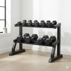 Heavy-duty two-tier small weight rack for home gym featuring a horizontal shelf design for easy access.