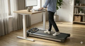 A 2-in-1 folding treadmill for home office use positioned under a standing desk.