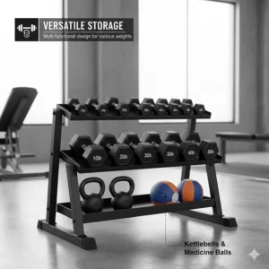 Illustration of a hybrid dumbbell storage rack holding hex dumbbells, kettlebells, and medicine balls.
