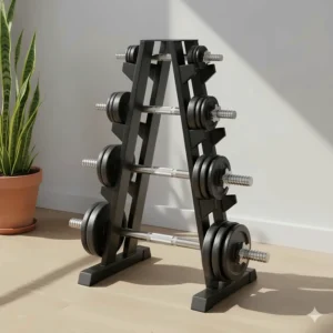 Compact vertical dumbbell rack holding various weight sets for efficient home gym storage.