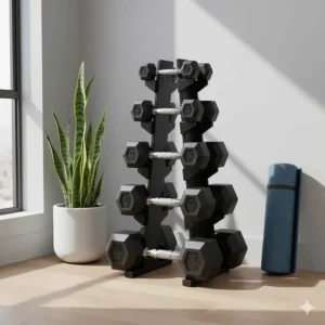 Vertical 5-tier small weight rack for home gym storage to save floor space.