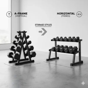 Comparison graphic between a vertical A-frame dumbbell holder and a horizontal tiered dumbbell storage rack.
