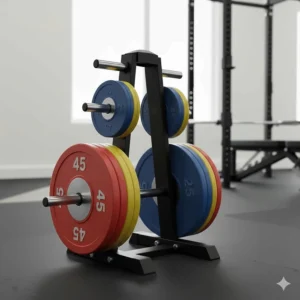 A vertical storage rack organizing a home gym weight set to save floor space.