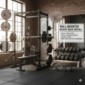 Illustration showing how to securely bolt a wall-mounted weight rack into garage wall studs.