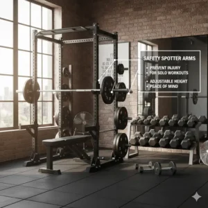 Illustration of safety spotter arms on a squat rack to prevent injury during solo home workouts.