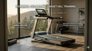 Side profile of a heavy-duty treadmill at a 15 percent incline for hill training.