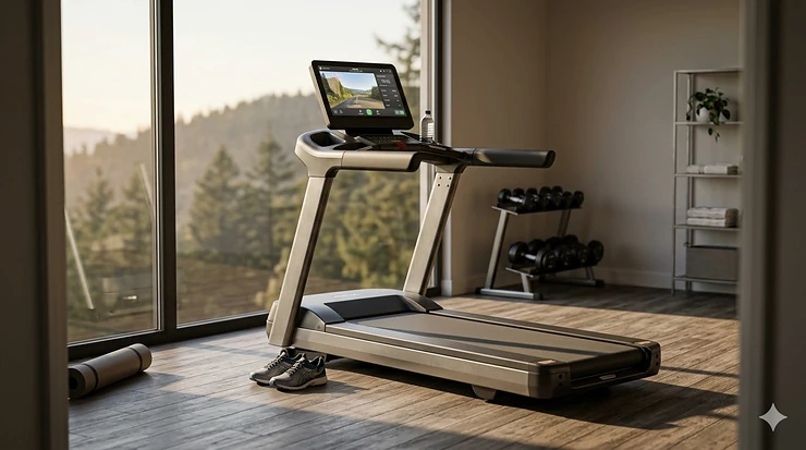 A high-end non-folding treadmill positioned in a modern home gym with natural light. non folding treadmill
