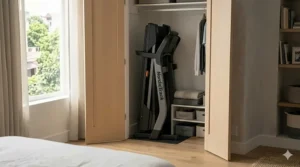A lightweight folding treadmill tucked away inside a standard bedroom closet.