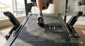 Step-by-step graphic showing the simple assembly process of a foldable treadmill.