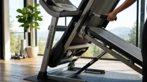 Illustration showing the hydraulic folding system of a treadmill for easy storage.