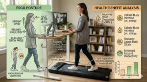 Diagram showing correct ergonomic posture while walking on a quiet under desk treadmill at a height-adjustable desk.