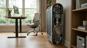 Illustration showing a compact treadmill for a standing desk being stored vertically against a wall.