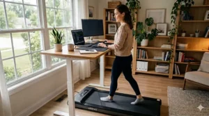 Illustration of a lightweight under desk treadmill being folded and stored vertically against a wall or under a sofa.