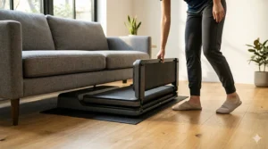 A close-up view of the minimalist walking pad treadmill from image_0.png, now folded compactly and sliding easily under a low-profile gray sofa on a light wood floor.