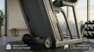 Illustration of the built-in transport wheels on a heavy duty treadmill for easy maneuverability.