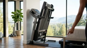 Illustration of a compact folding treadmill with incline tucked away under a bed frame.