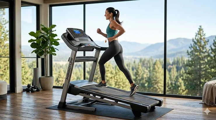 A high-end folding treadmill with incline features set up in a bright, modern home gym overlooking a window.